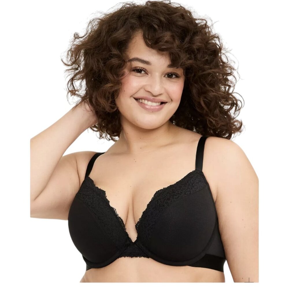Cacique Lane Bryant Bra 44DDD Black Satin Smooth Boost Plunge Lace Trim